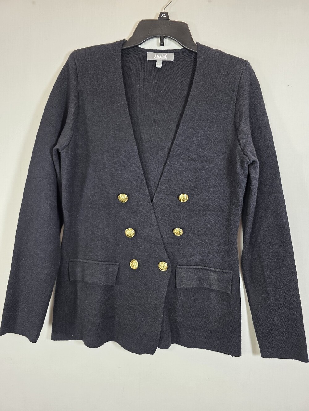 Marled Reunited Black Double Breasted Knit Cardigan Blazer Gold Crest Buttons L